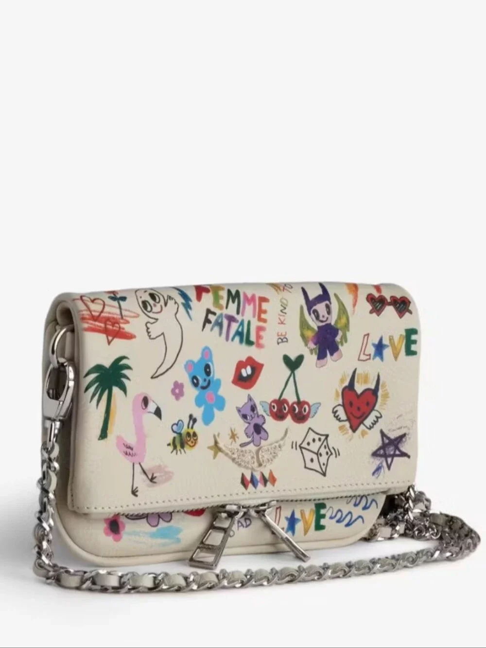 Zadig & Voltaire Cream Mini Clutch with Multicolor Graphic Motifs